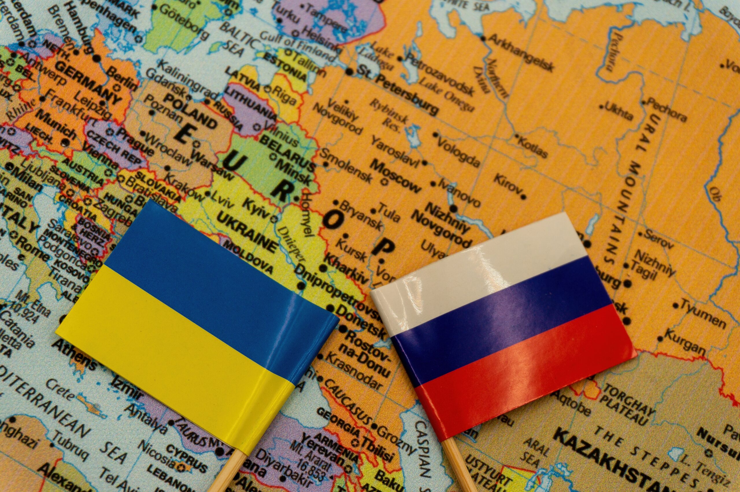 Ukranian and Russian flags
